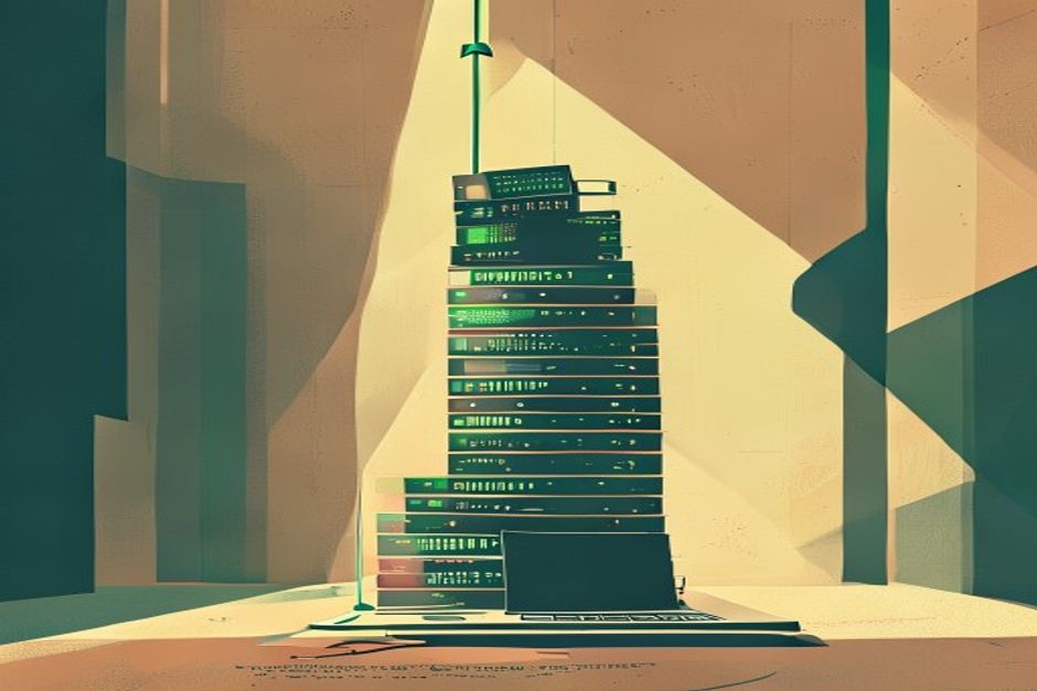 A towering stack of server racks casting a long shadow over a small startup laptop, an upward capex arrow piercing the ceiling, cold industrial palette