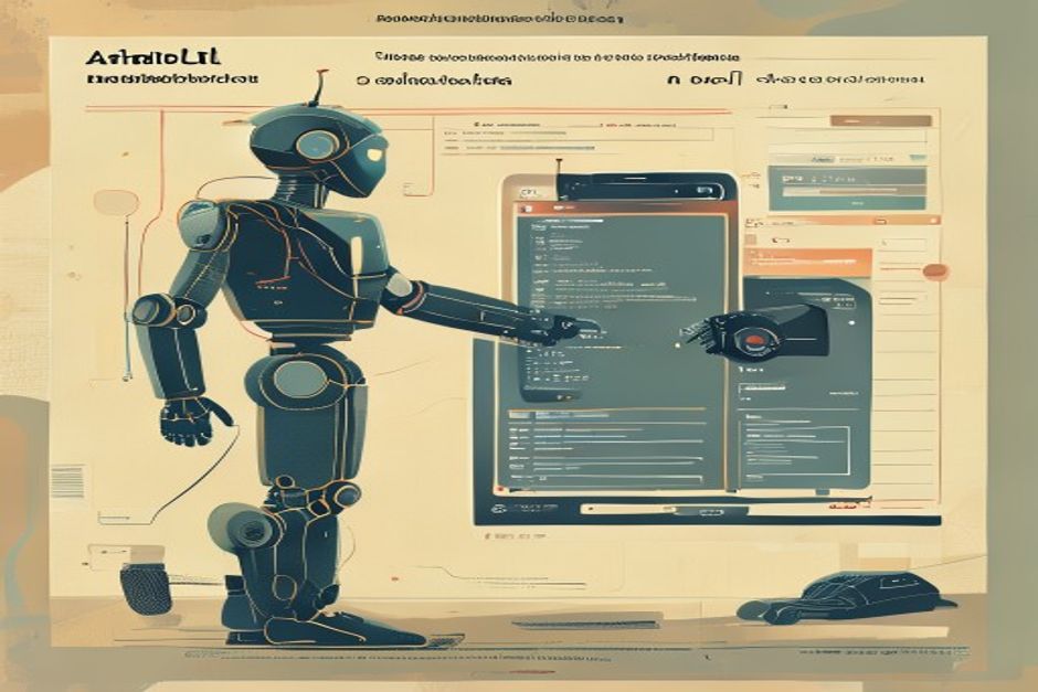 A command-line prompt wiring directly into an android robot's toolchain, GUI window fading out behind it