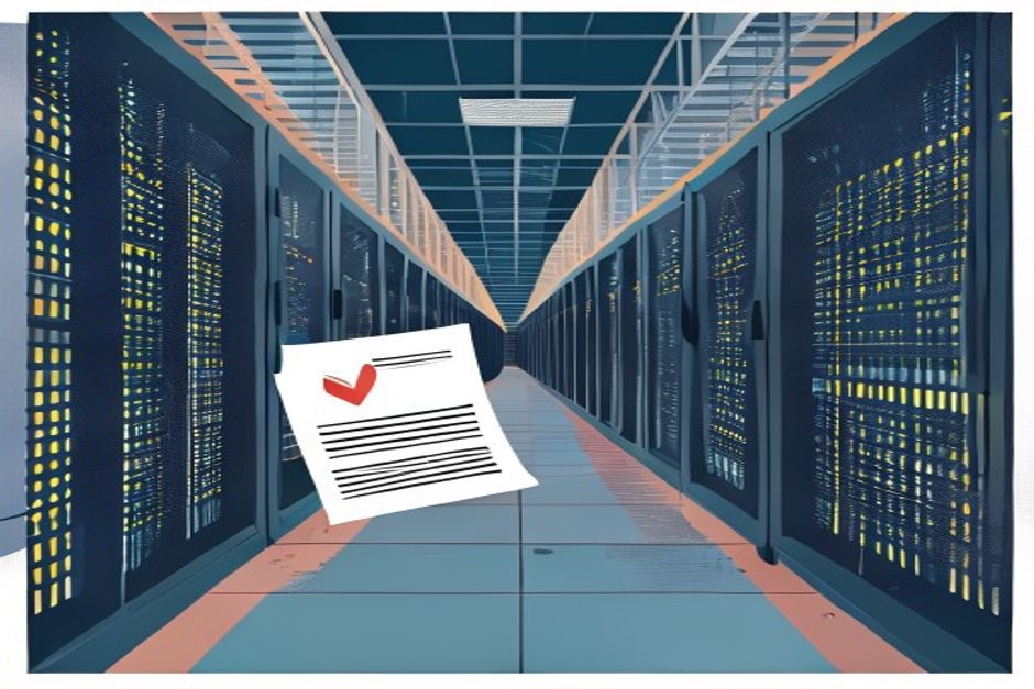 A data center hall of GPU racks with a fixed monthly invoice stamped across it, a small downward-pointing token-price arrow dwarfed by the building