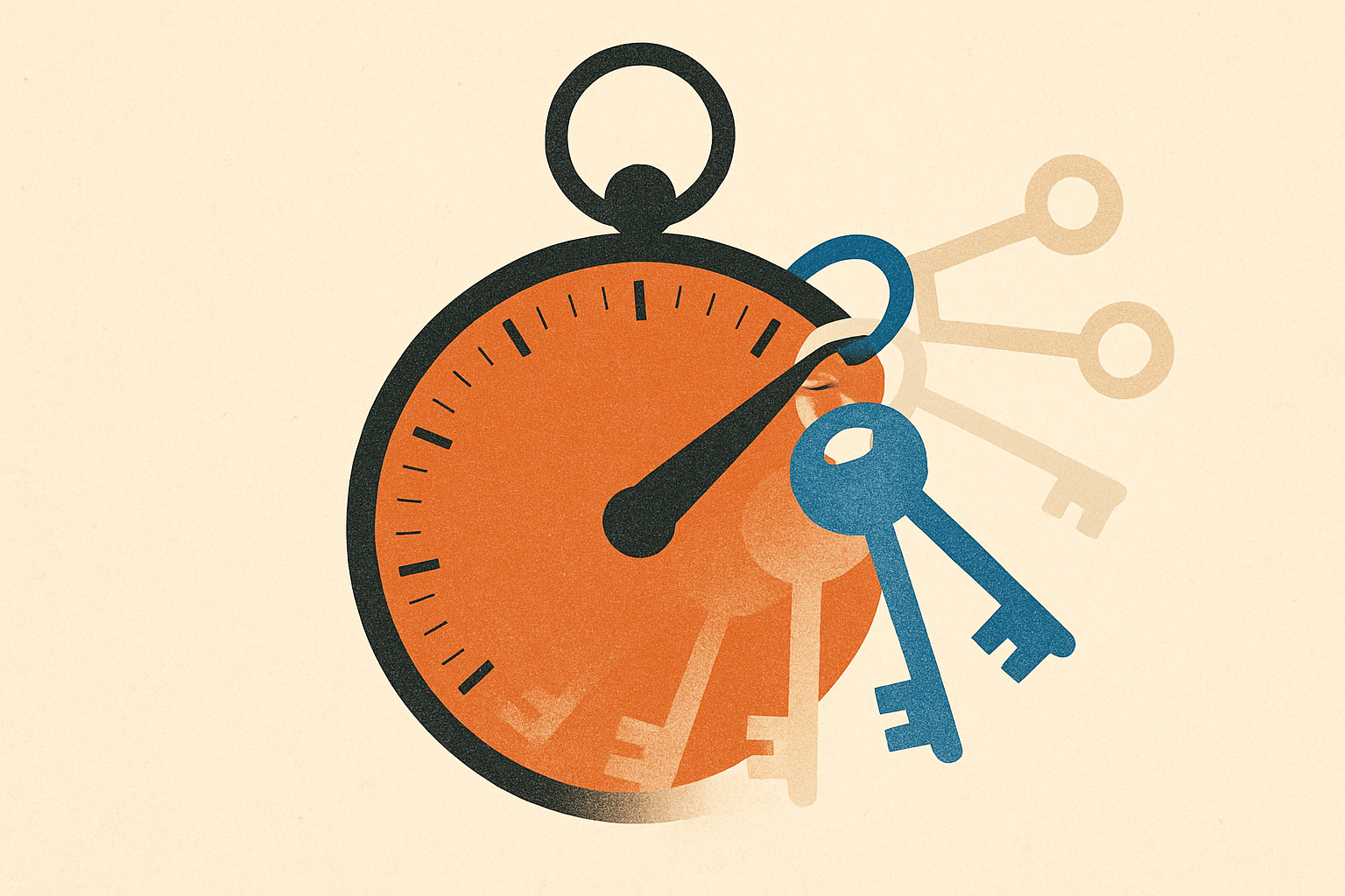 A ring of keys on a timer dial, each key fading out as the dial hand passes it while a fresh key materializes just ahead of the hand