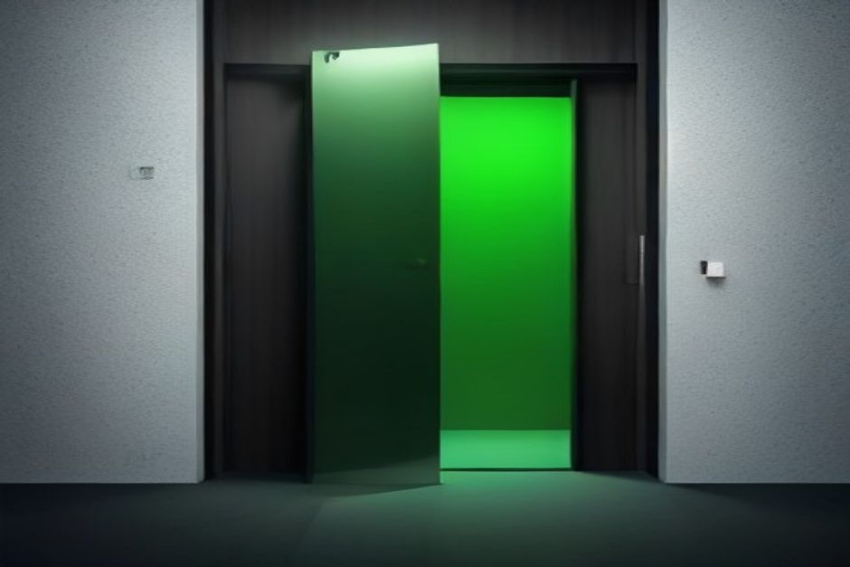 A dark server room where a single door stands ajar with green light spilling through the gap, while every other door is sealed — the one open door is the whole story