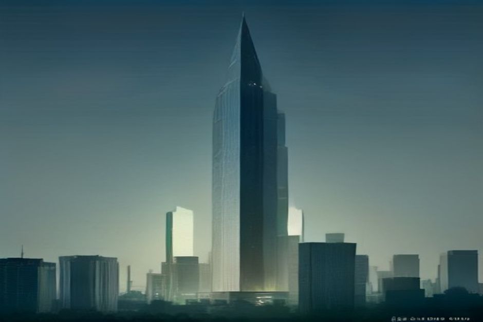 A single frontier-lab tower rising into public-market light while thousands of small startups sit anchored to its foundation, cool steel and a bell-ringing green accent, one bright node at the summit