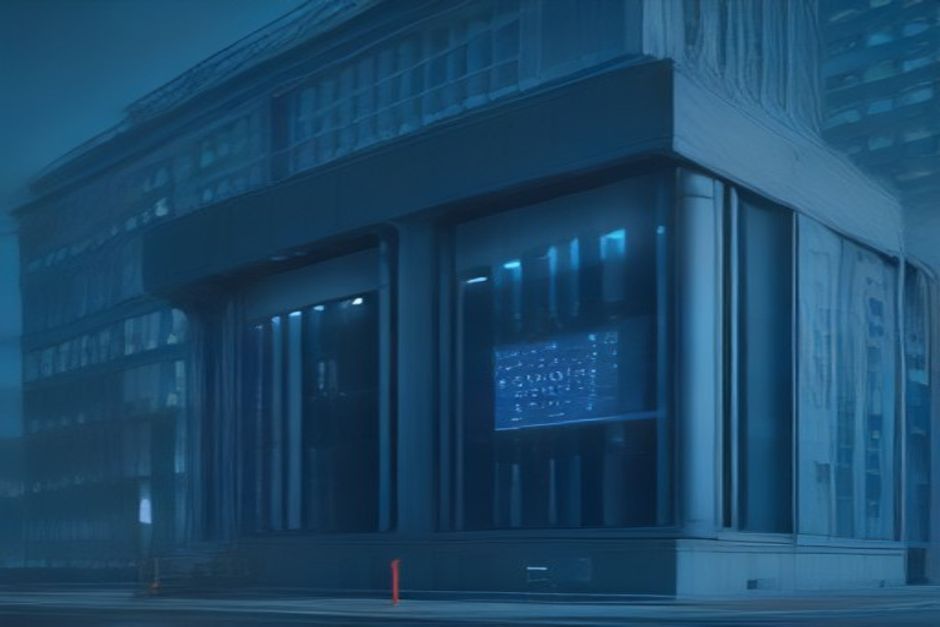 A founder's small app plugged into a vast purpose-built data hall through a long-term lease cable, sovereign-fund and infrastructure-capital pillars holding up the building, a power substation feeding it — cool steel-blue on charcoal