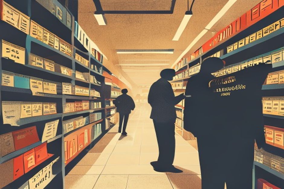 A bright crowded marketplace shelf lined with labeled vendor cards, and off to one side, outside the frame's dividing line, two large unlabeled figures standing in shadow holding the actual tools everyone is shopping for