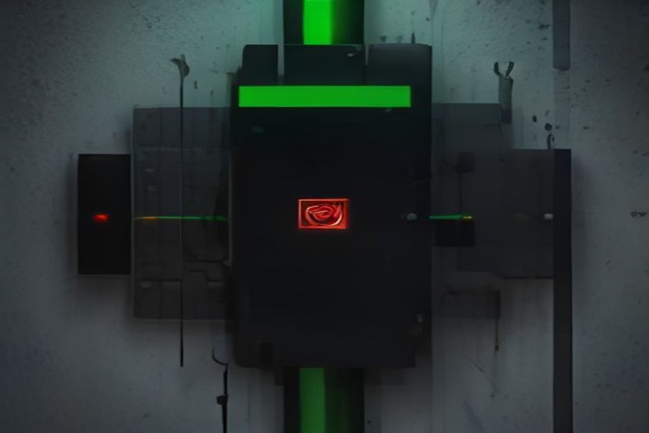 A control-room wall of live agent traces, most steady green, one thread spiking red and severed by a hard circuit-breaker switch mid-line, cold steel and glass with a single amber alert accent
