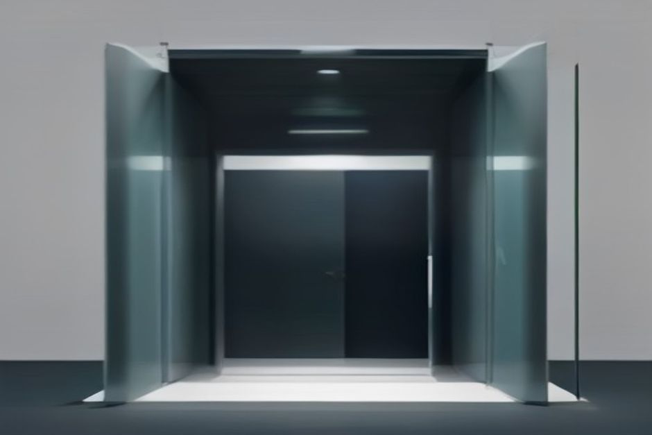 A frozen glass display case labeled with faint agent-orchestration wiring, a rope-and-stanchion barrier across its entrance, and a lit doorway to a modular open workshop beside it