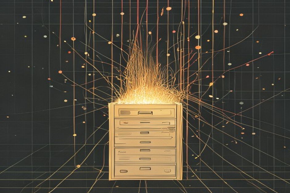 Many thin telemetry threads — trace spans, log lines, stdout — braiding into a single glowing channel that drops into one labeled drawer, dark grid, monospace numerals on the drawer face