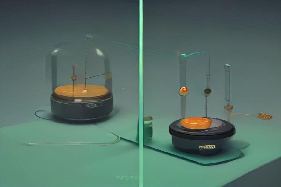 A lab bench with two identical agent pipelines side by side feeding into a single balance scale, one pan holding a small 'sticker price' coin and the other a large 'tokens per task' weight, cool steel and mint with one amber band on the scale's needle