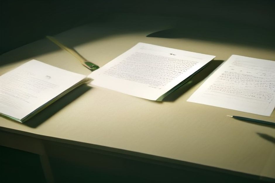 A single writing desk seen from above with five pens of different weights laid in a row, one gold pen lifted and mid-stroke on a page while a small green live-cursor blinks at the end of the line; warm paper tones, one gold and one green accent, calm and editorial