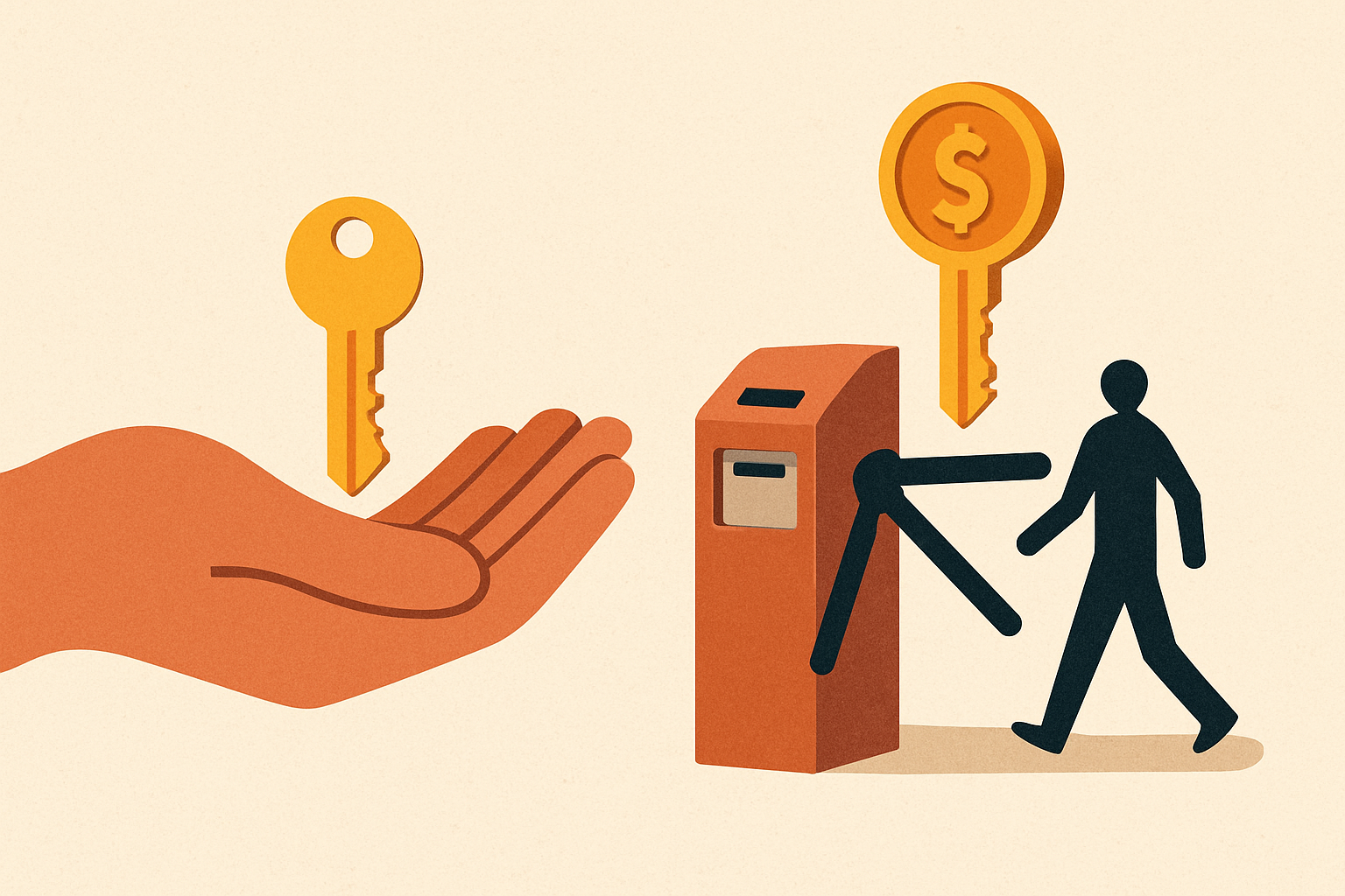 A single house key resting in an open palm on one side, and the same key behind a coin-operated subscription turnstile that clicks once for every person who walks through