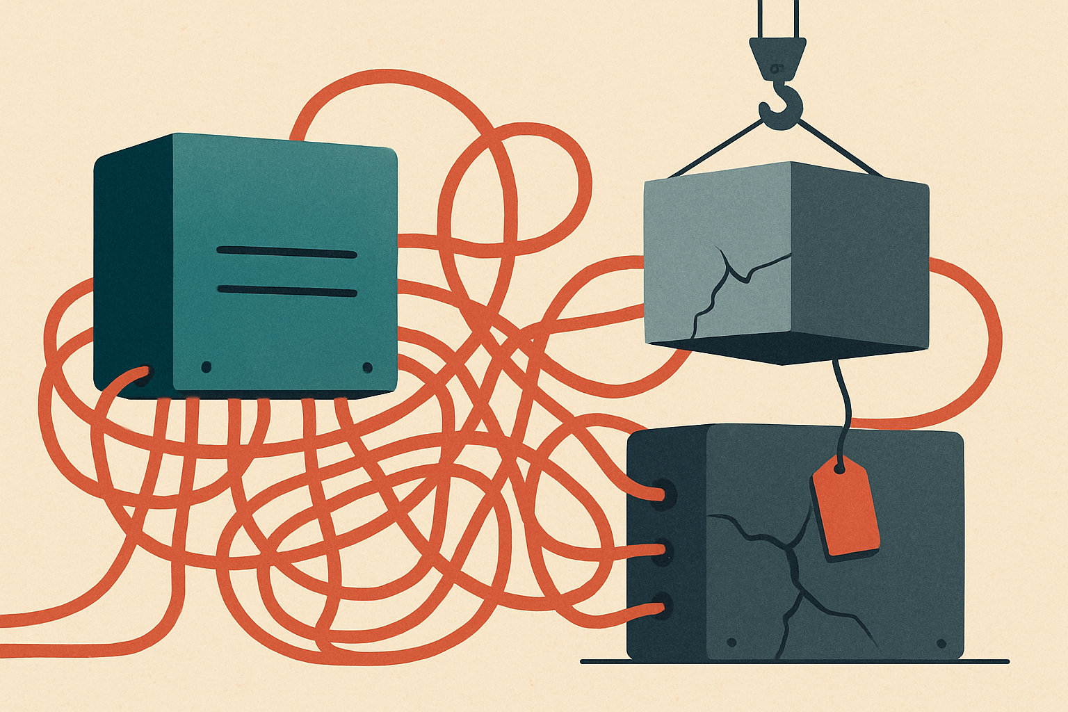 A busy switchboard of request cables routed through three boxes, one box compact and cool and humming, one box cracked with a red warning tag, one box being lifted away by a crane