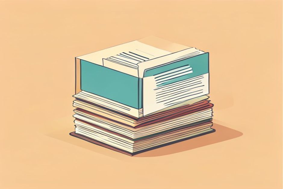 A single labeled folder icon opening into stacked layers — a small metadata card, a larger instruction sheet, then hidden script and reference files revealed only at the bottom, on a warm skimmable grid