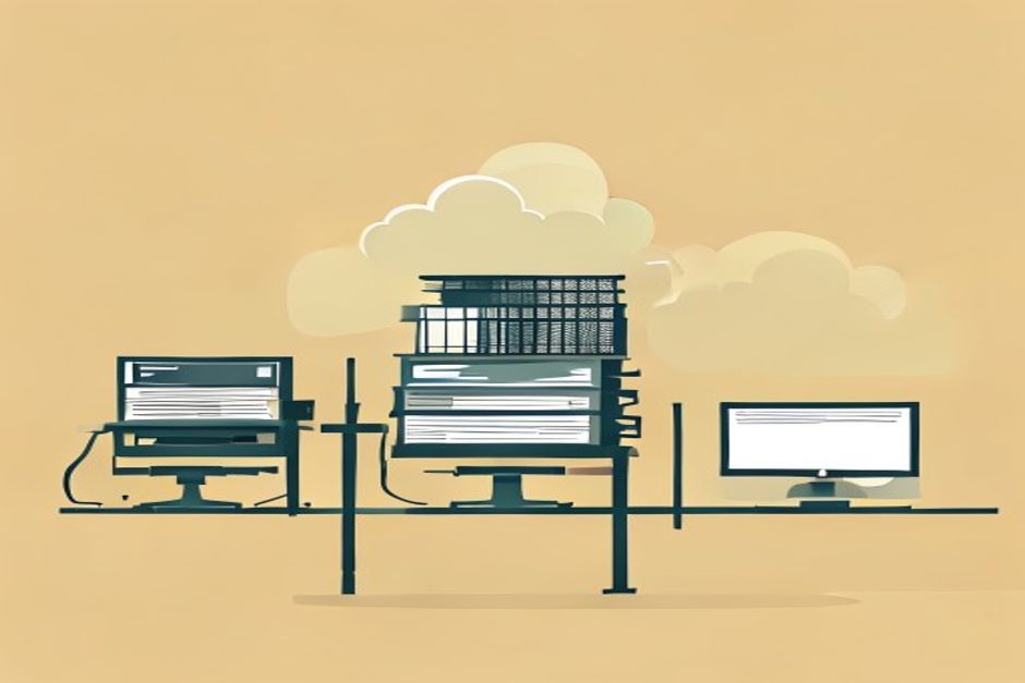 Three agent workstations side by side — one stacking finished documents, one a governed cloud rack, one a laptop closing while work continues on a server