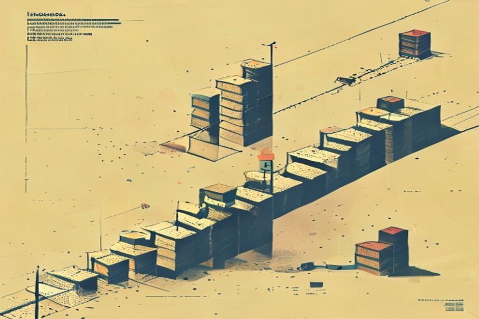 An ordered grid of agent steps marching left to right, each step dropping a small bright save-token into a stack of storage blocks below the line; midway a jagged crack severs the track, and an arrow lifts cleanly from the last saved block back onto the rail — durable state pulling a broken run back to its feet