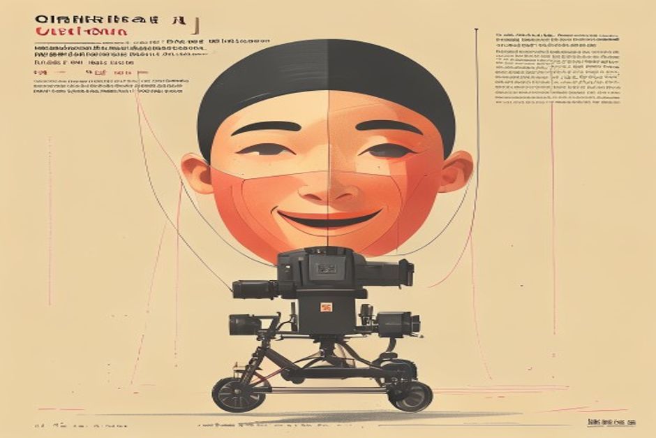 A smiling human-face mask lifted away on strings to reveal an ordinary running machine underneath, still humming and unaffected — the mask is what gets taken, not the engine
