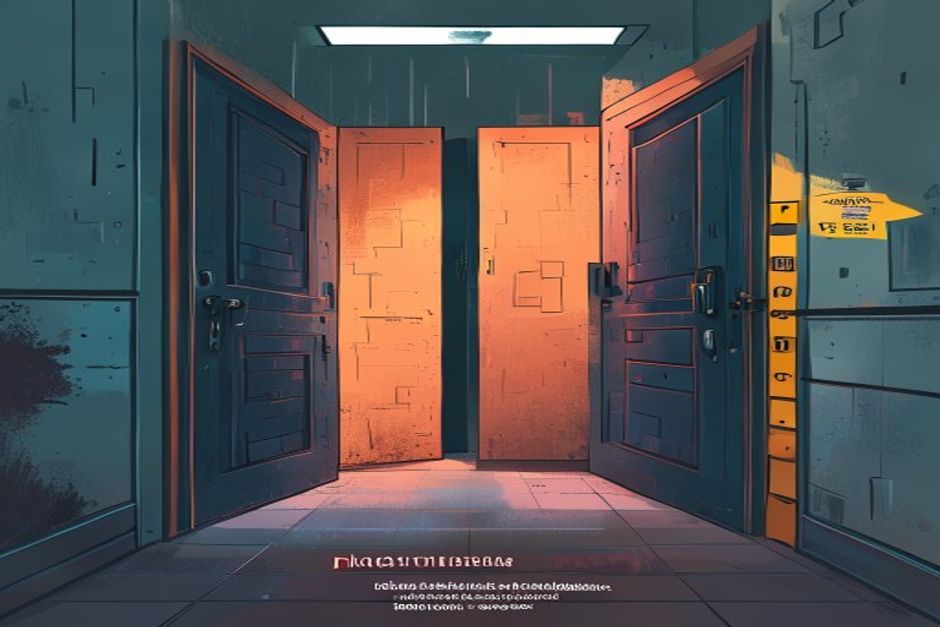 Two doors side by side in a hard-lit corridor — the left door bricked over and dark, the right door open but hung with warning tape and a low guardrail across the threshold; muted institutional palette