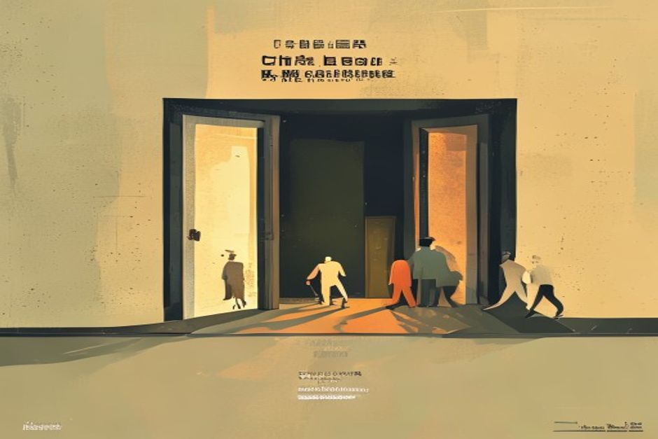 Two doors in a dark wall, one still glowing warm and open, the other bricked over and cold; a stream of small human-shaped silhouettes walking through the lit door