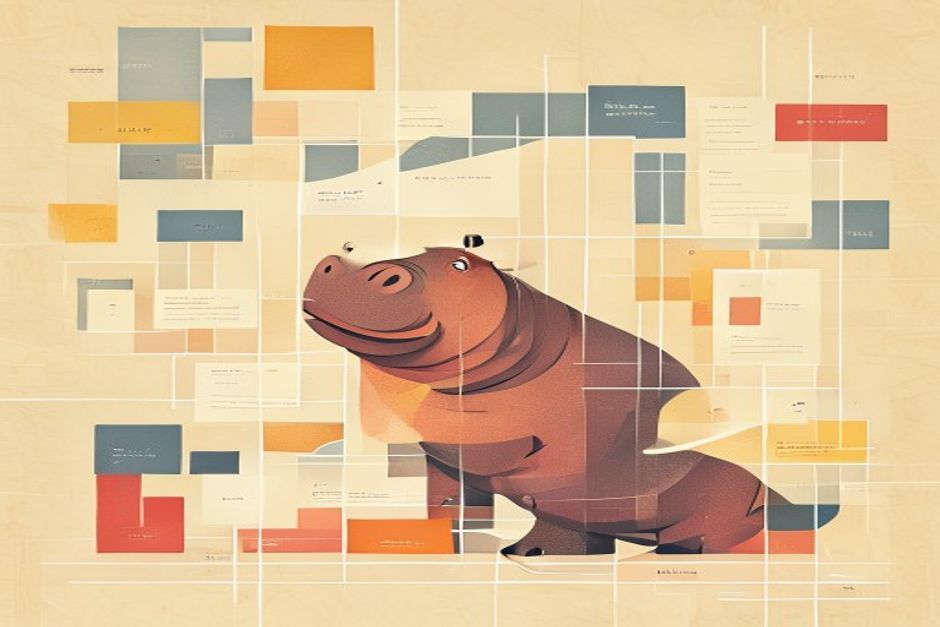 A long ribbon of text being sliced into clean overlapping cards by a small friendly hippo, warm grid