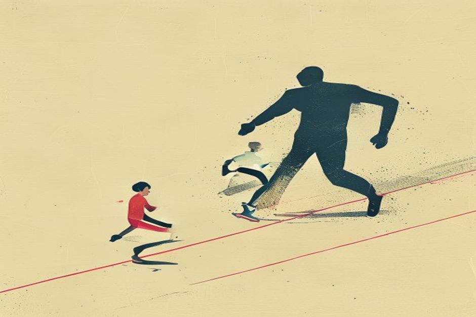 A small fast runner following a chalk plan drawn by a larger figure who appears only at the turns of the course