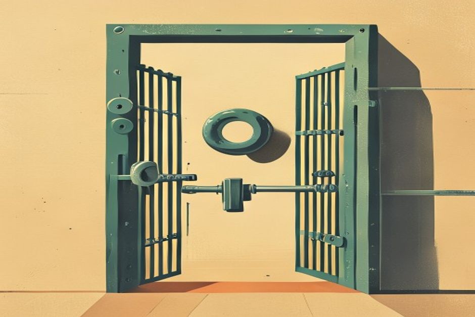 A gate that was standing open being latched shut, six bolts sliding home across a doorway, one glob-shaped key snapping in a lock