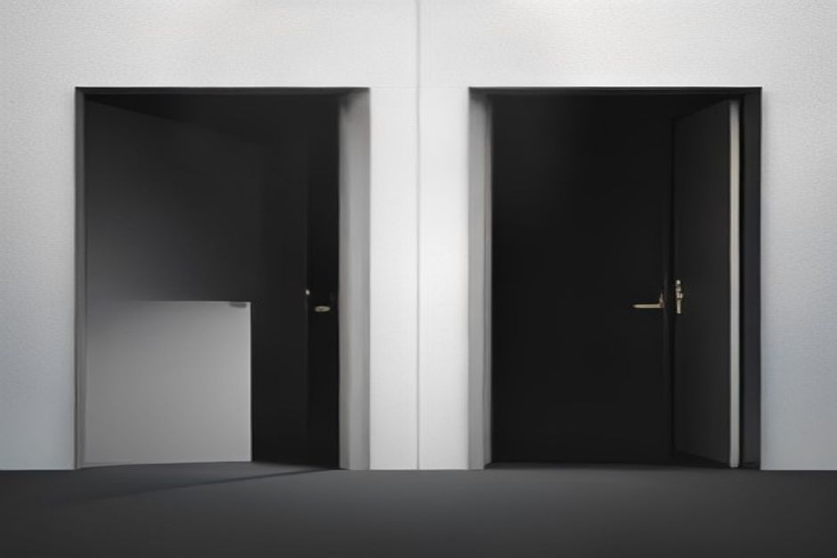 Two closed doors on a dark wall, each gaining a small lit label plate — one reading a spending gauge with a reset clock, the other a folder with a trust seal — where before both doors were blank