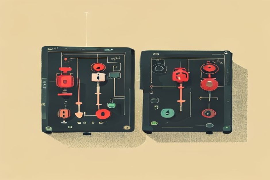 Two dark control panels side by side, one with two red stop-valves, the other with a row of six, both feeding one agent loop