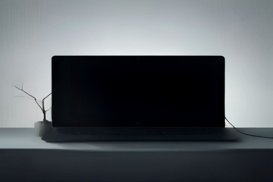 One frame split by a clean vertical seam — on the left a dark terminal window with a blinking cursor and a branching git graph, on the right a bright desk surface with a document, a spreadsheet grid and a phone showing a running task; a single green thread crosses the seam linking the two, cool charcoal and green with one accent