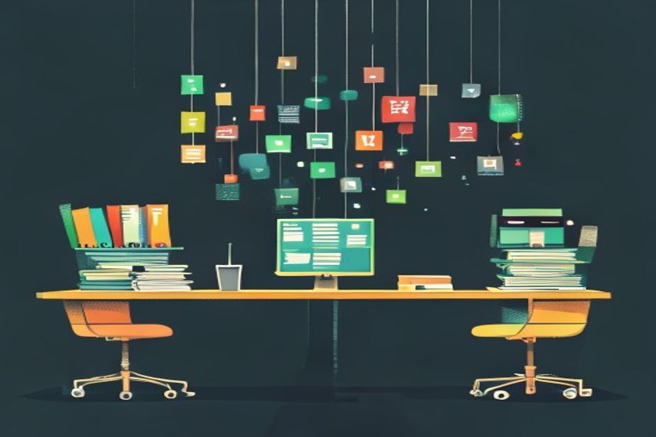 Two agent workstations facing each other across a dark vertical seam — one desk stacked with local file folders, the other wired to floating app icons, one selected with a green outline