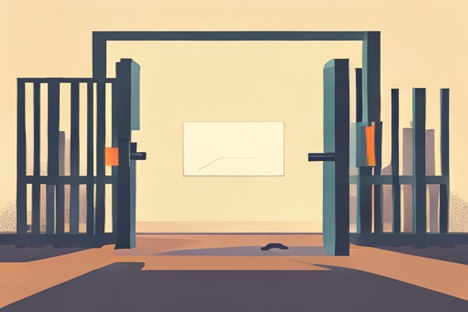 A sealed envelope passing through a checkpoint gate — inside the sandbox it carries a blank placeholder card, and only at the gate on the way out does a stamp replace it with the real key, while the agent behind the wall never sees the stamp