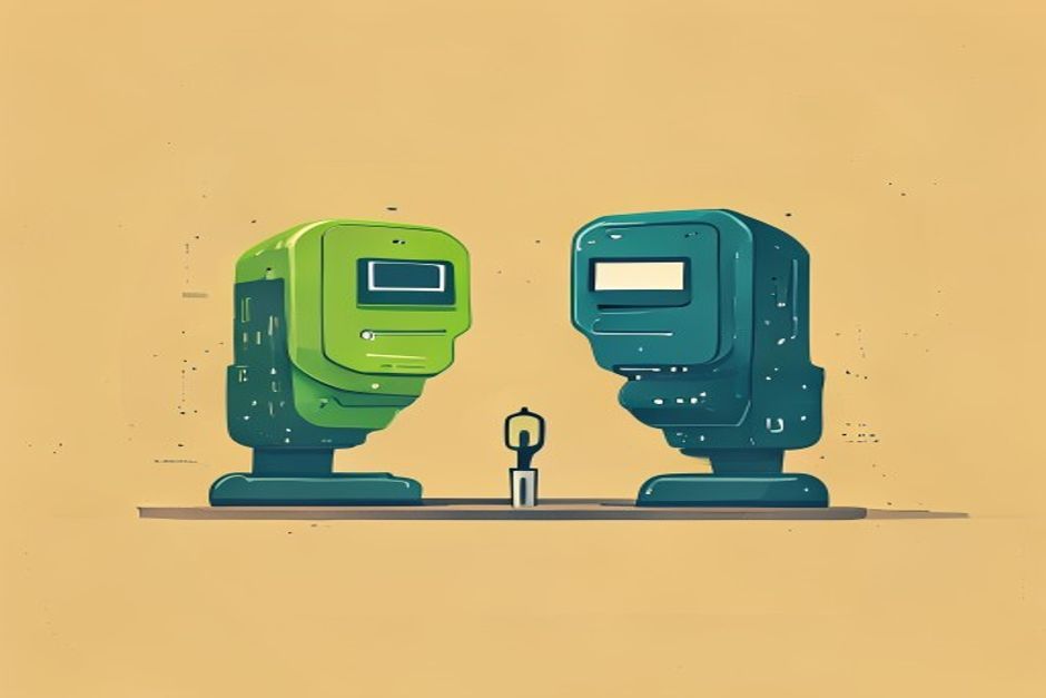 Two coding-agent backends facing off across a single terminal cursor, one bar green and one bar blue, nearly the same height, a cache icon tipping the balance