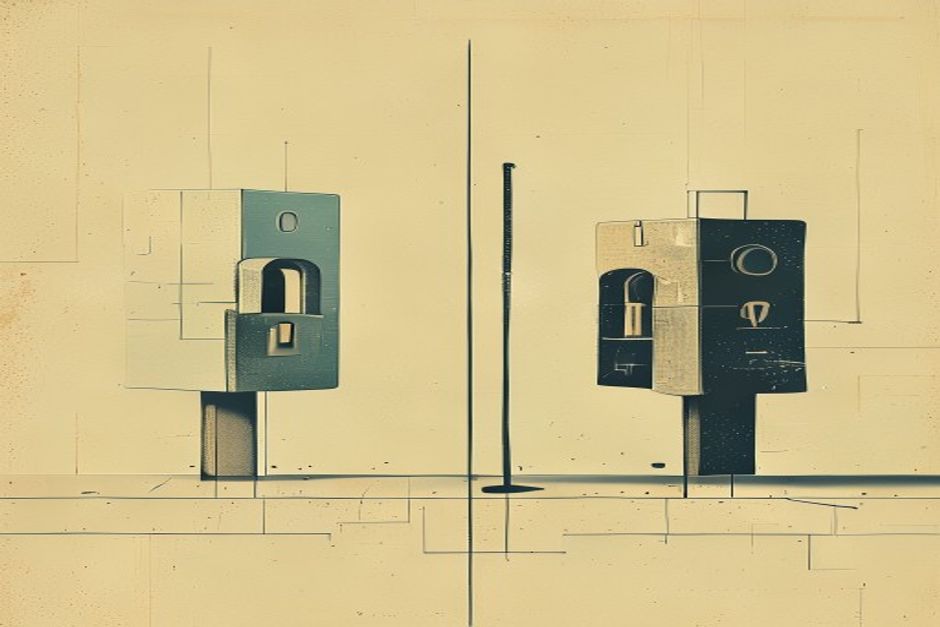 Two model cards facing off on a split field, one sealed with a padlock and a price tag, the other cracked open showing weights, a scale tipping between cost and control