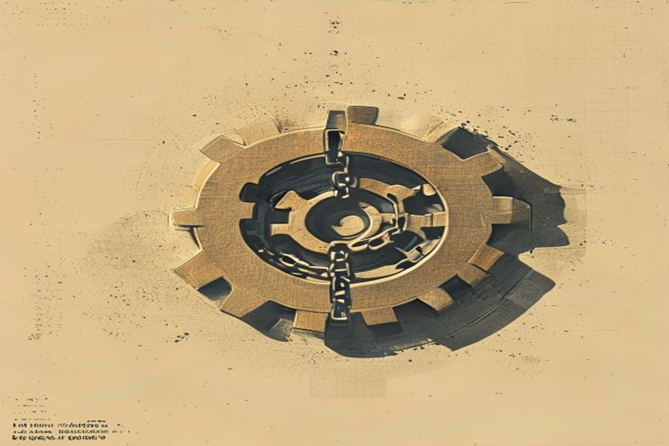 Two version-numbered gears, six and seven, both meshing cleanly into one larger gear labeled agents, with a snapped chain that used to force them to turn together