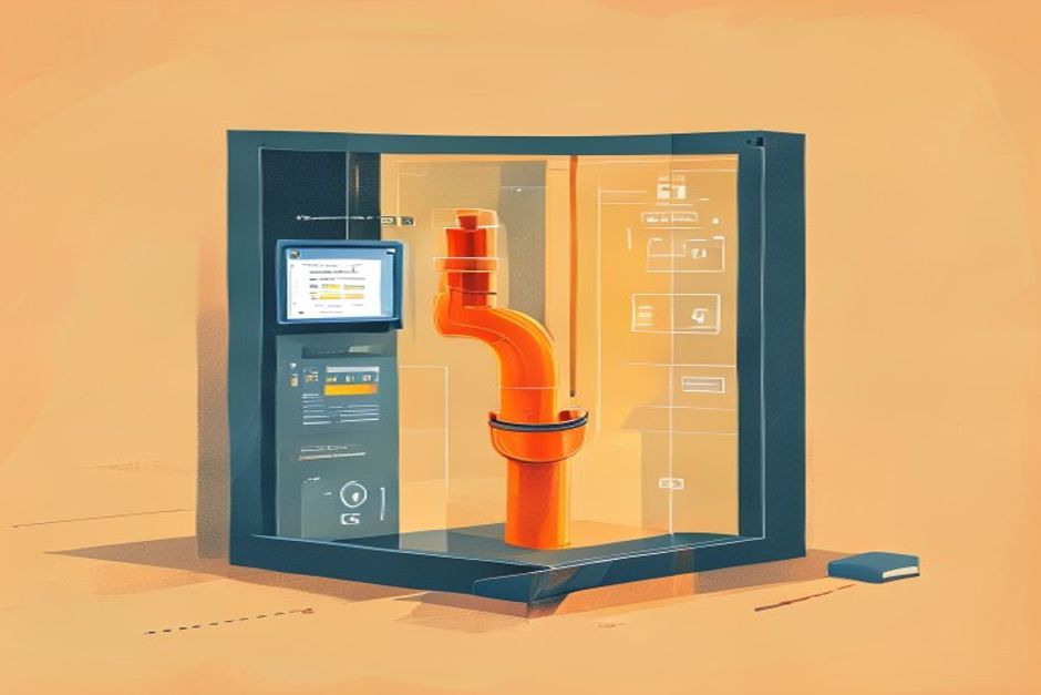 A single orange pipe carrying LLM API traffic passing through one transparent glass gateway box that meters, caches, and logs each request, with a small live dashboard readout of cost and latency beside it