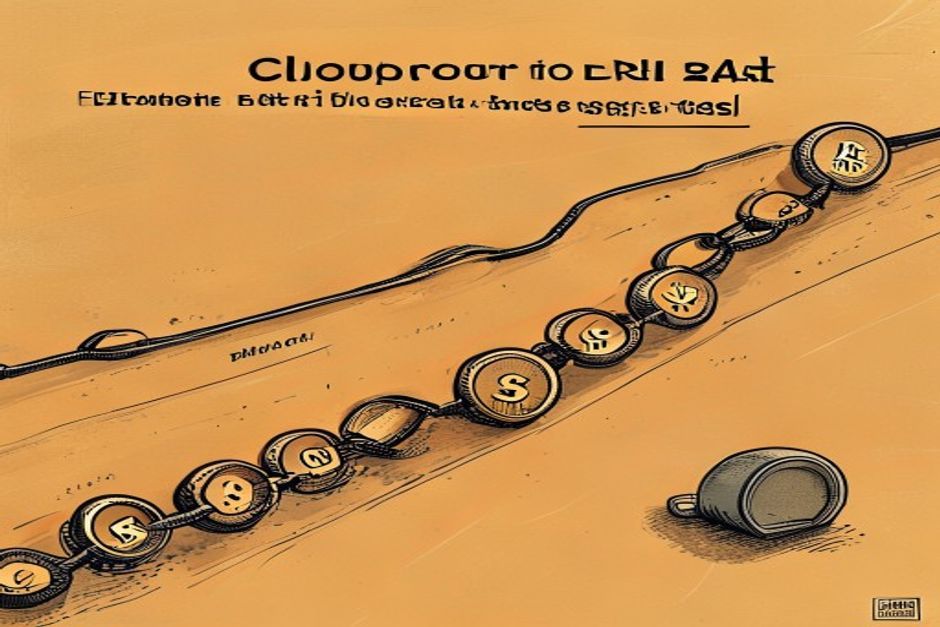 A long agent workflow drawn as a chain of stamped step-tokens stretching into the distance, a coin icon appearing over each token and a much larger coin over a token labeled 'sleep 24h', a small meter ticking on a parked, idle run