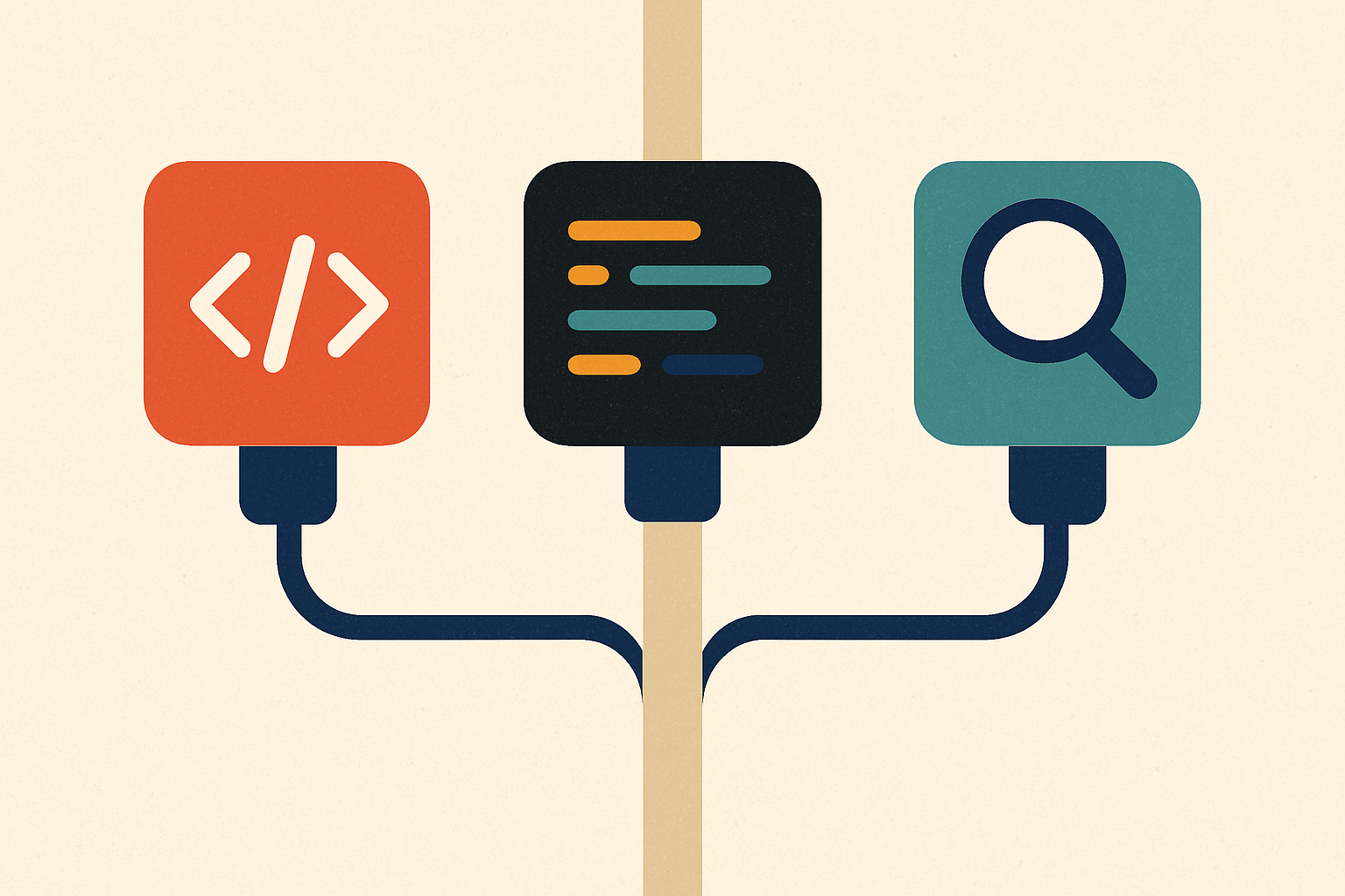 Three distinct coding-agent nodes plugged into one steady neutral protocol spine, each node a swappable endpoint the spine outlives