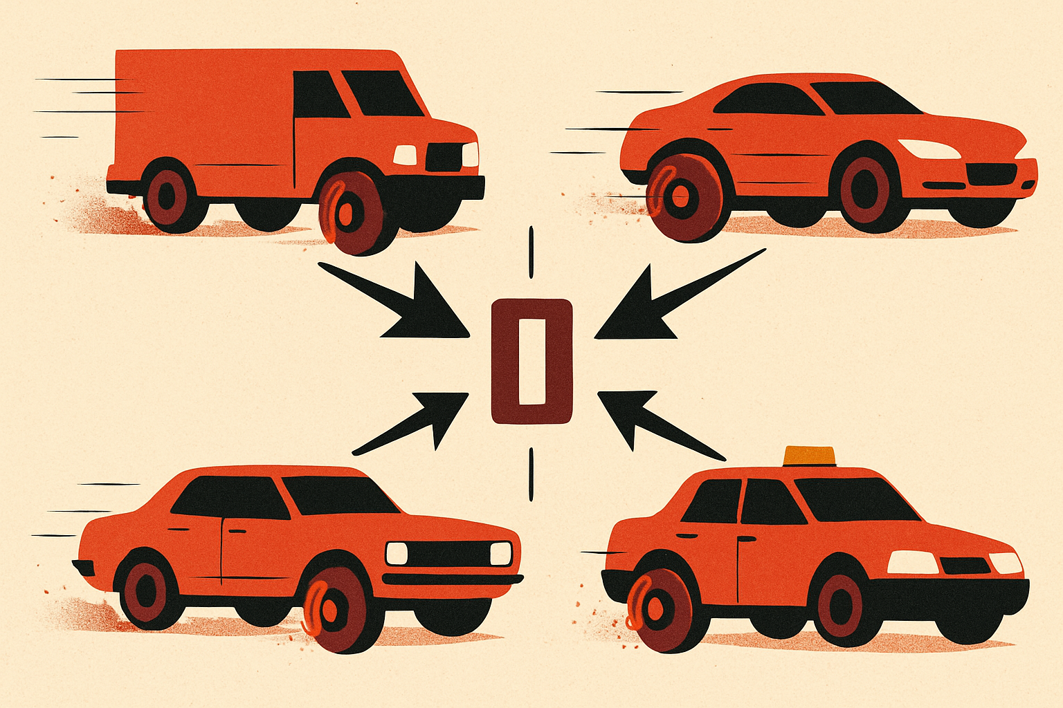 Four separate fast-moving vehicles all fitting brake calipers and speed governors in the same week, arrows pointing inward to a single shared idea of restraint