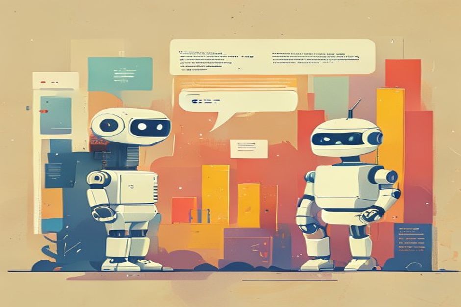 A coding-agent robot receiving a warm speech-bubble transplant from a friendly chat app, benchmark bars fading into the background while a text conversation glows in the foreground