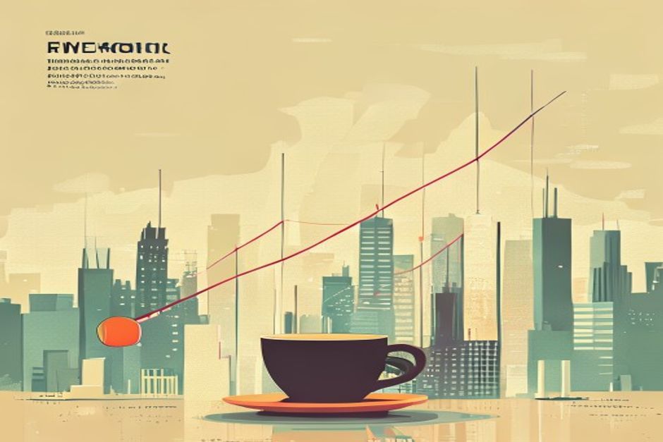 A valuation curve rocketing near-vertical over a city skyline, a coffee cup and an insurance policy at its base, a small warning glyph where the line goes parabolic