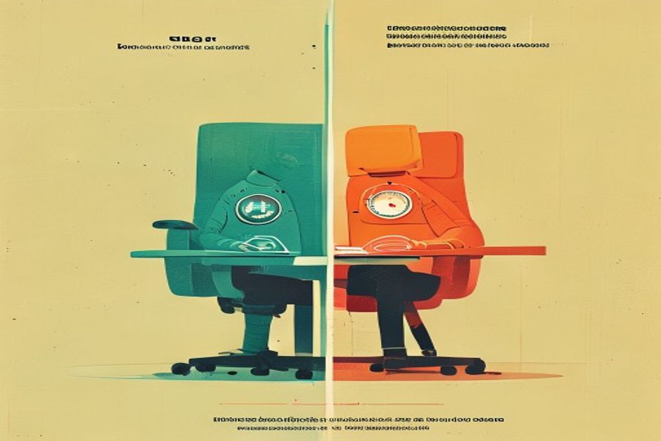 A single developer's seat cleaved by one hard vertical line into two metered halves — a green-lit pool on the left, a blue-lit pool on the right — each half topped by its own fuel gauge resting at a different level