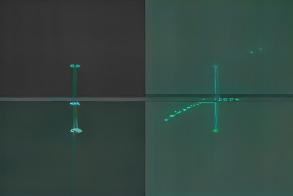 A cold graphite diptych of two evaluation pipelines forking from a single commit, the left branch a lattice of unit-test gates, the right a river of production traces, one active green node pulsing at the merge point