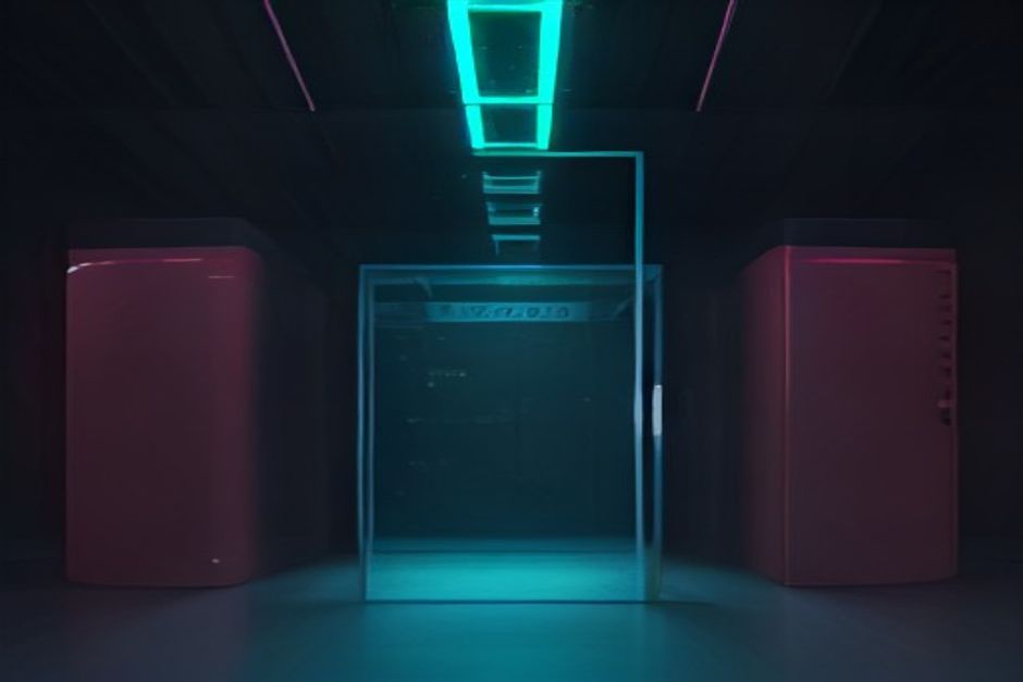 Three sealed server enclosures of different sizes fed by one control rail, each lit a different color — one enormous and dim behind a locked cage, one mid-sized and bright, one small and cheap, a single price meter glowing between them, dark technical grid