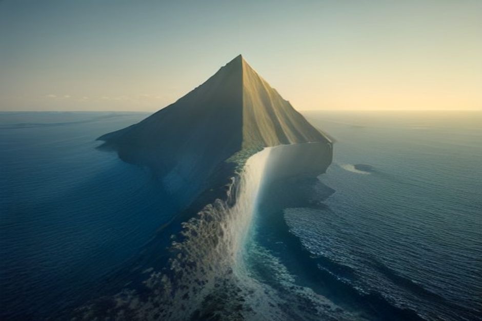 One jagged line plotted across five rising horizon markers, tall at the near end and collapsing at the far end, with a dotted cliff edge where it falls