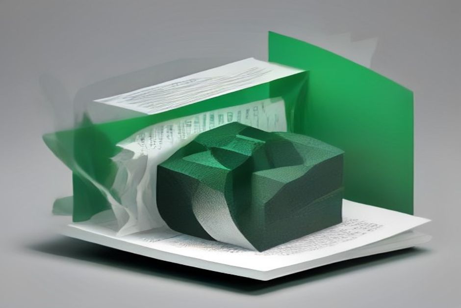 A stream of messy documents on dark paper funneling into a small model glyph, then a single clean line into a rigid gated rules block, thin green accent, monospaced tags