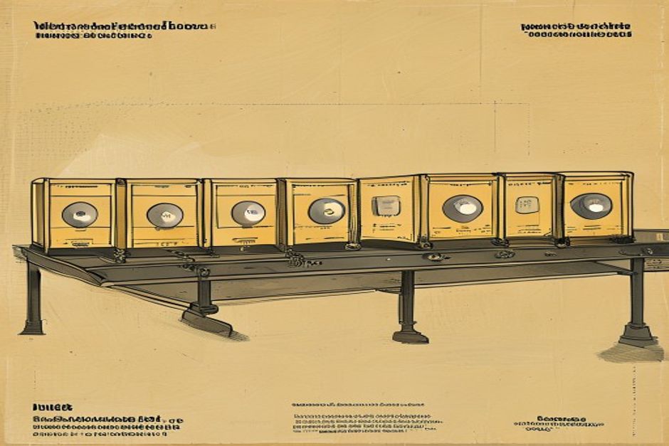A row of identical sealed sandbox containers on a conveyor, one configuration dial pulled out to the front of the line and set once for all of them