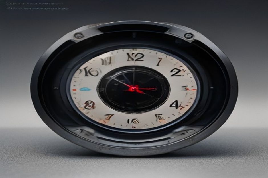 A photograph with a faint machine-readable watermark glowing in one corner, a clock at two minutes to midnight above it