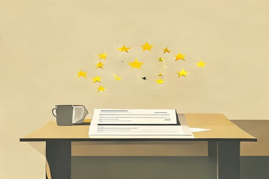 A paper compliance checklist with five boxes, four ticked and the fifth glowing in a ring of twelve stars, a long clean shadow across a pale desk, minimal editorial illustration, no text