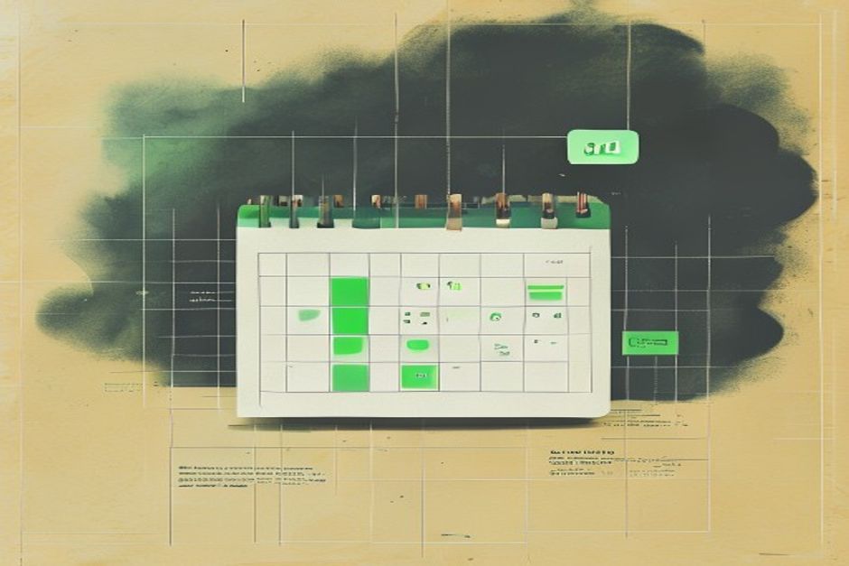 A calendar with 2 August circled in green while two later dates fade into grey mist, a small chatbot speech bubble carrying an 'AI' label in monospace, dark regulatory grid