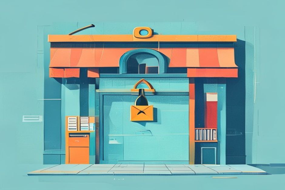 A padlock on an app-store storefront being pried open by a legal seal, a small arrow escaping toward an external checkout, cold blue tones