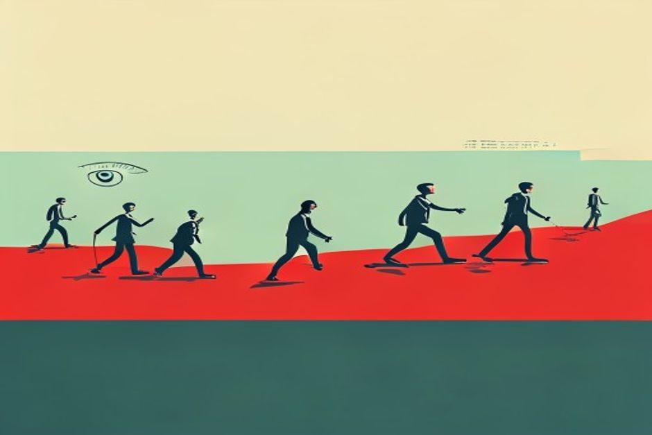 A row of model figures each stepping over a bright red boundary line, one reaching outside the frame toward a separate server, a monitoring eye above them