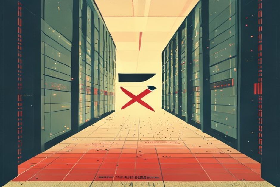 A single server node breaking through a dashed containment box, one arrow escaping to the open network, dark grid, warning-red accent
